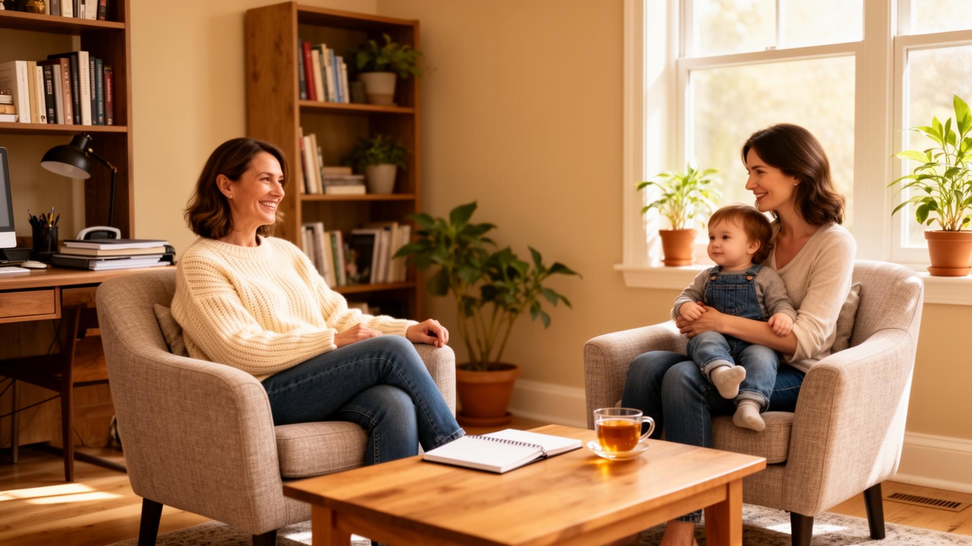 Psicóloga conversando con una familia en un espacio cálido